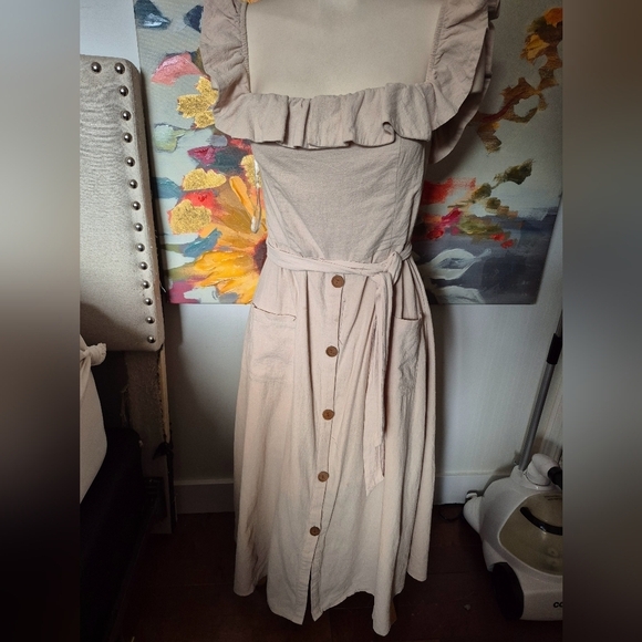 Indikah Cream Off-Shoulder Ruffled Midi Sundress Sizr 12 - Picture 14 of 16